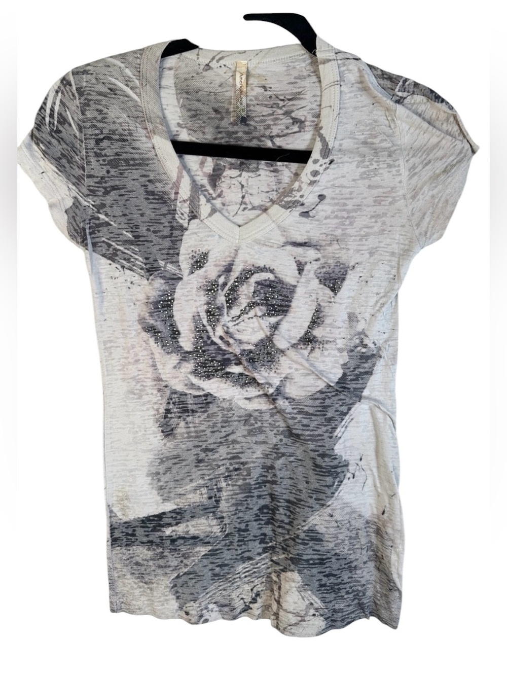 American Age Gray Black Y2K 90's Floral V-Neck Bedazzled Burnout Top Size Small